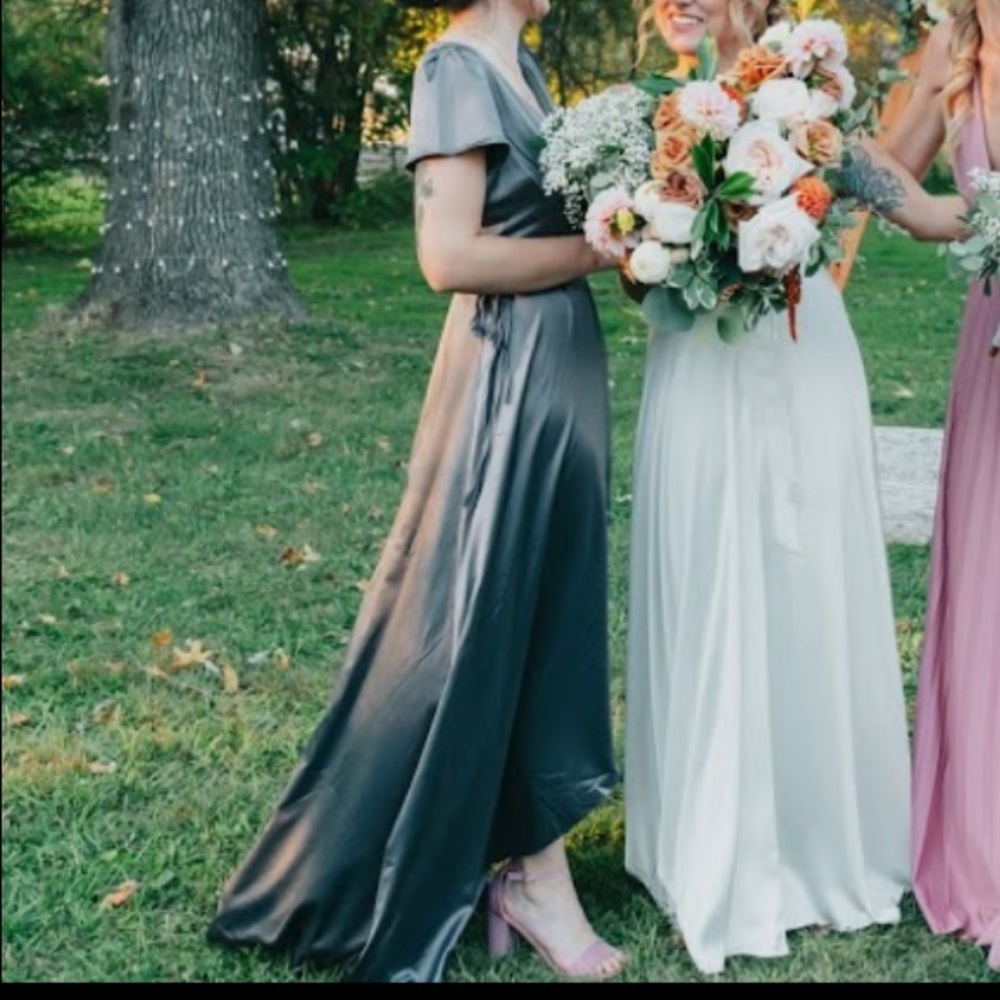 Baltic born gray satin wrap dress